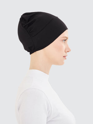Imaarah black hijab undercap side profile made from soft viscose blend