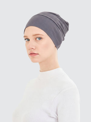 Imaarah grey hijab undercap showing soft stretch fit and smooth coverage