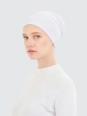 Imaarah white hijab undercap showing smooth breathable stretch fit