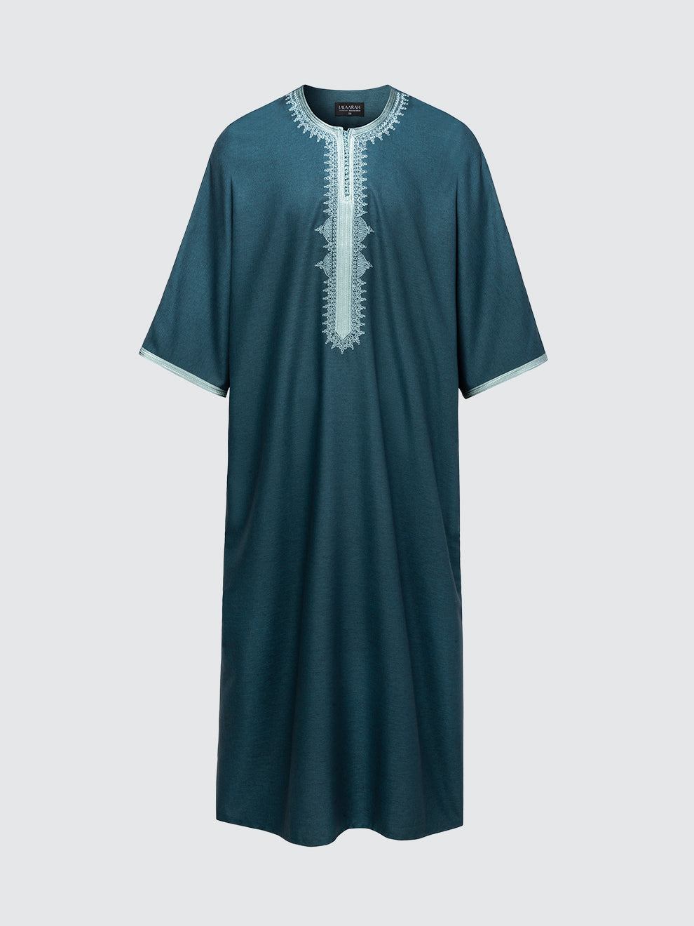 Emerald green Moroccan short sleeve thobe with seafoam green detailing – front view