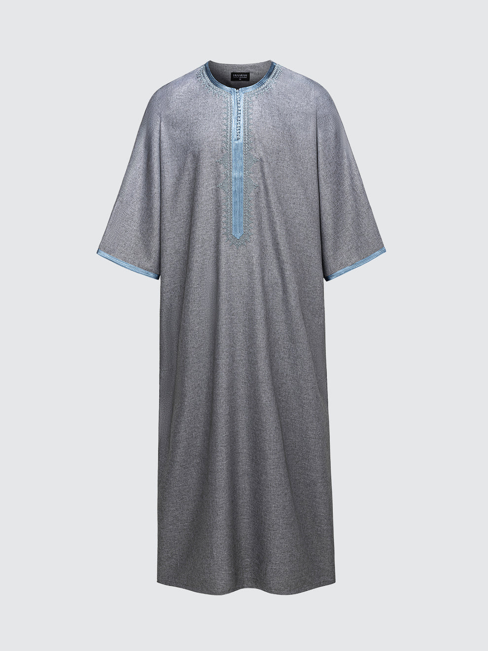 Moroccan short sleeve thobe Qasr in grey with sky blue neckline detailing front view