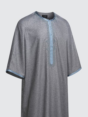 Moroccan short sleeve thobe Qasr grey with sky blue Moroccan neckline angled view
