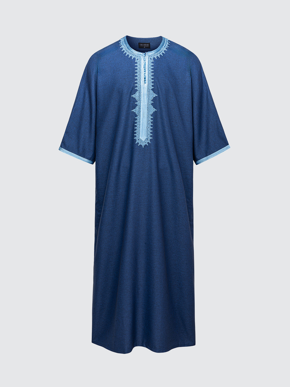 Imaarah Moroccan short sleeve thobe Qasr in navy with ice blue detailing front view
