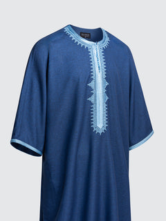 Imaarah Moroccan short sleeve thobe Qasr navy ice blue relaxed fit angled view