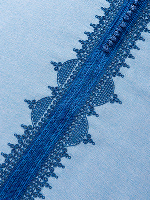 Detailed Royal Blue Moroccan embroidery on Sky Blue Qasr short sleeve thobe by Imaarah