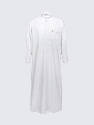 Imperial Moroccan thobe in white with intricate handcrafted embroidery, long sleeve luxury thobe designed for Eid, Nikah and special occasions by Imaarah