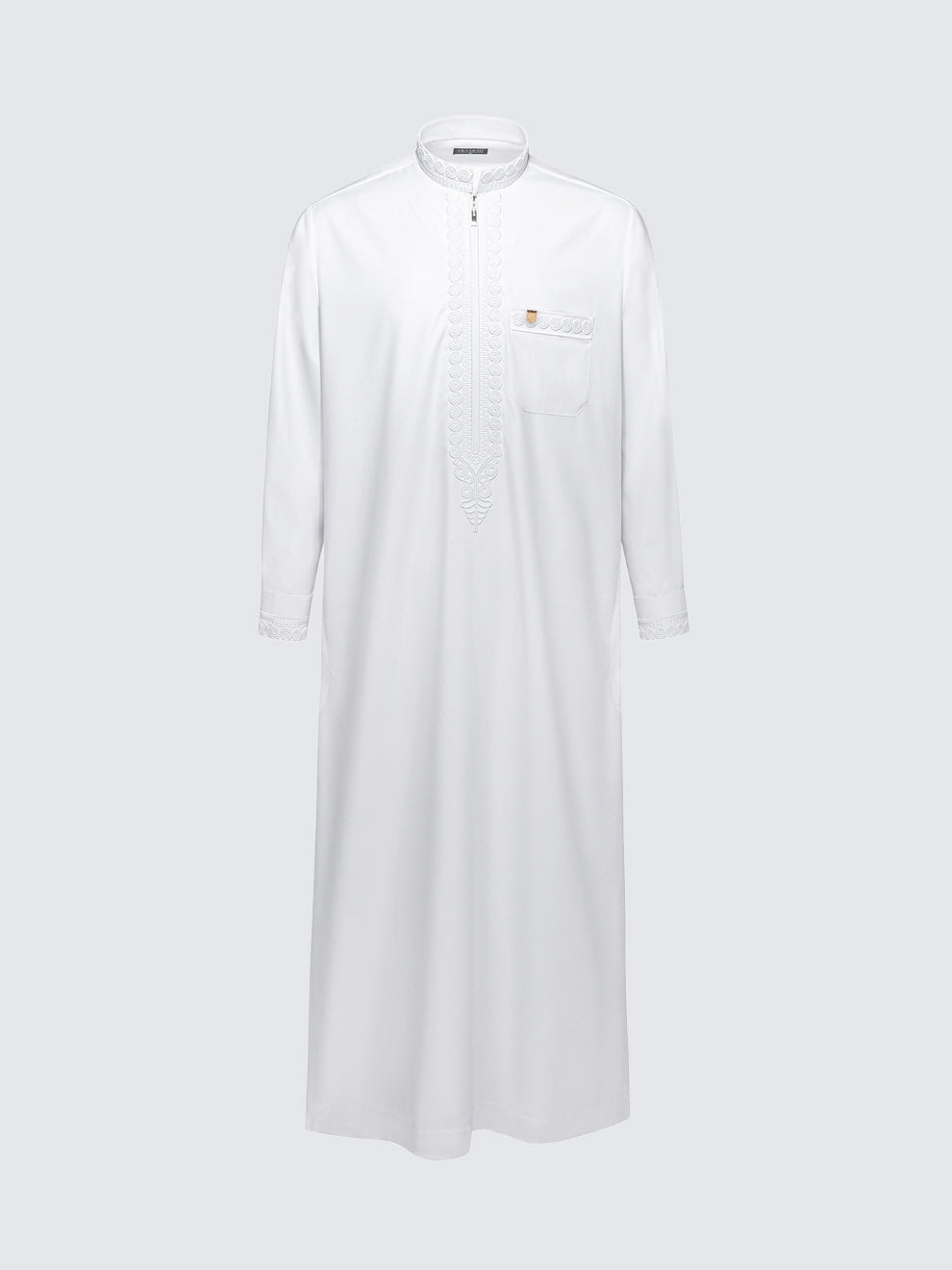Imperial Moroccan thobe in white with intricate handcrafted embroidery, long sleeve luxury thobe designed for Eid, Nikah and special occasions by Imaarah