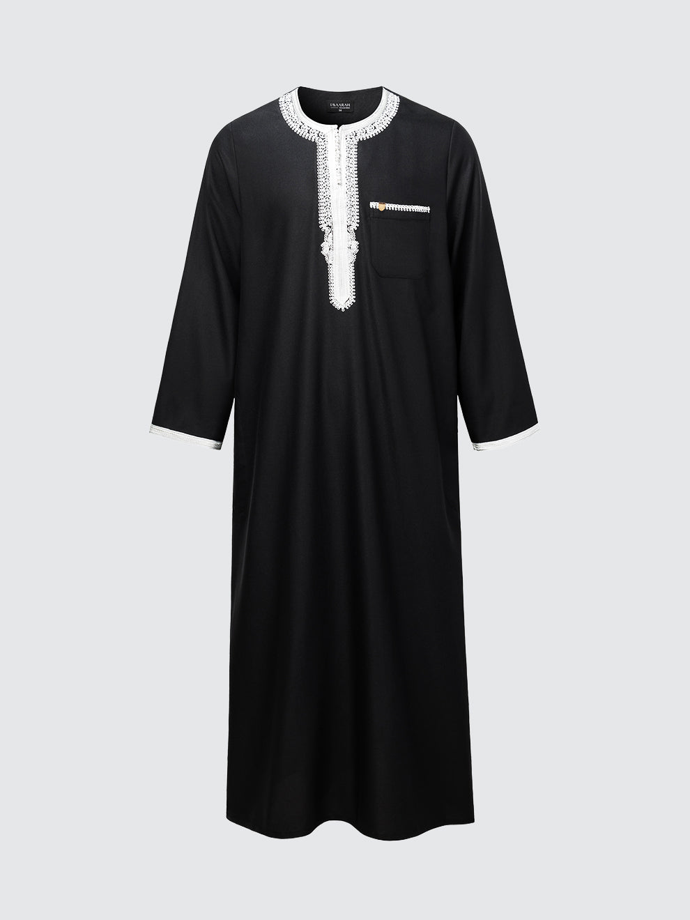 Imaarah Andalus long sleeve Moroccan thobe set in black with white embroidery, full front view showing embroidered neckline, cuffs and chest pocket