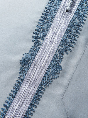 Detailed view of blue embroidered placket and chest pocket on slate blue Moroccan long sleeve thobe by Imaarah