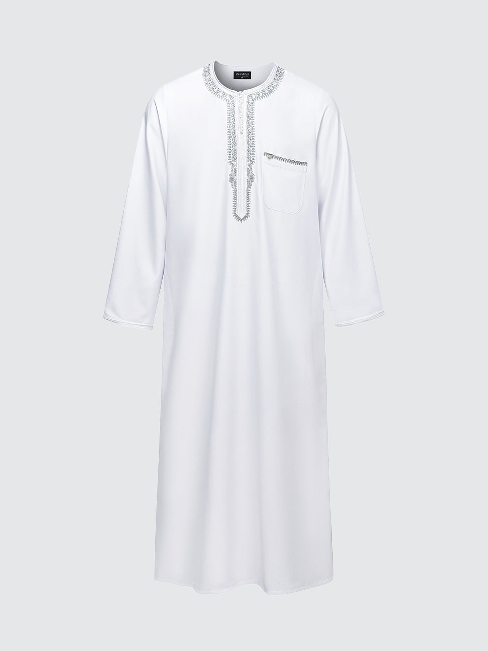 Imaarah Andalus long sleeve Moroccan thobe set in white with grey embroidery, full front view showing embroidered neckline and chest pocket