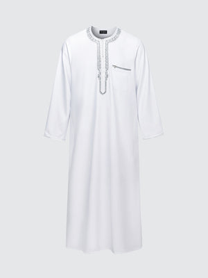 Imaarah Andalus long sleeve Moroccan thobe set in white with grey embroidery, full front view showing embroidered neckline and chest pocket