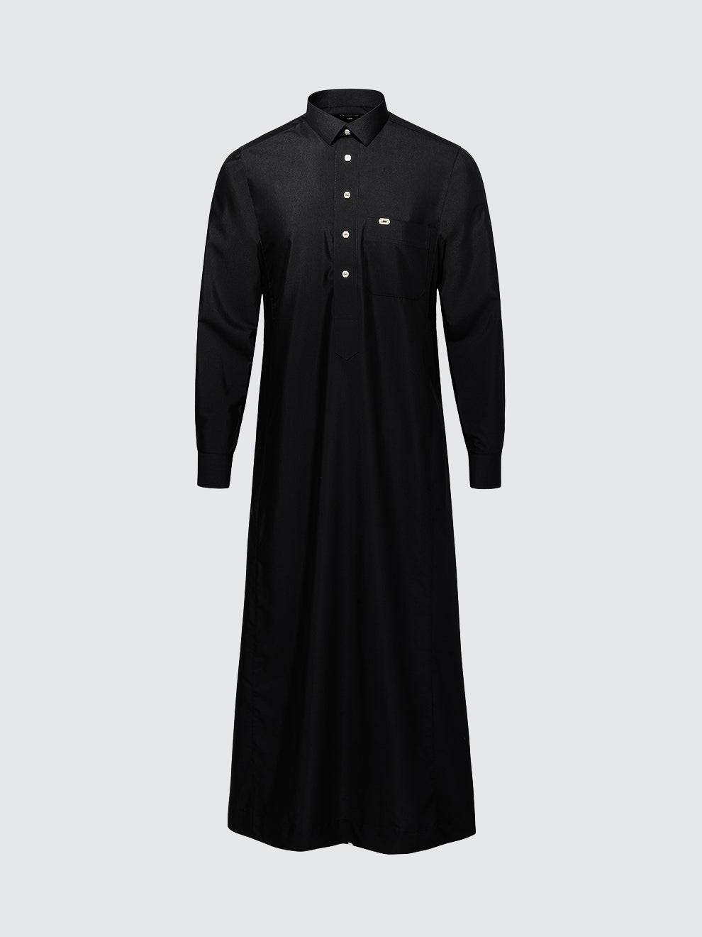 Imaarah Najd Saudi Thobe Black – Long Sleeve Shirt Collar Thobe with Silver Imaarah Buttons