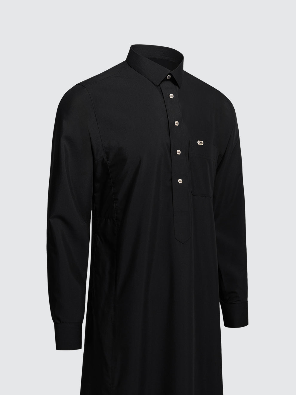 Imaarah Najd Saudi Thobe Black – Tailored Saudi Thobe with Shirt Collar and Cuffed Sleeves