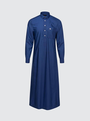 Imaarah Najd Saudi Thobe Navy – Long Sleeve Shirt Collar Thobe with Silver Imaarah Buttons