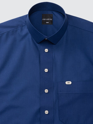 Imaarah Najd Saudi Thobe Navy – Shirt Collar Detail with Silver Imaarah Branded Buttons