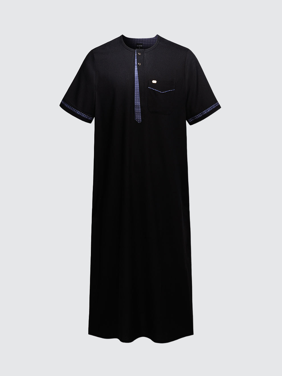 Imaarah short sleeve thobe Vantage in black, front view showing modern modest fit and contrast placket detailing