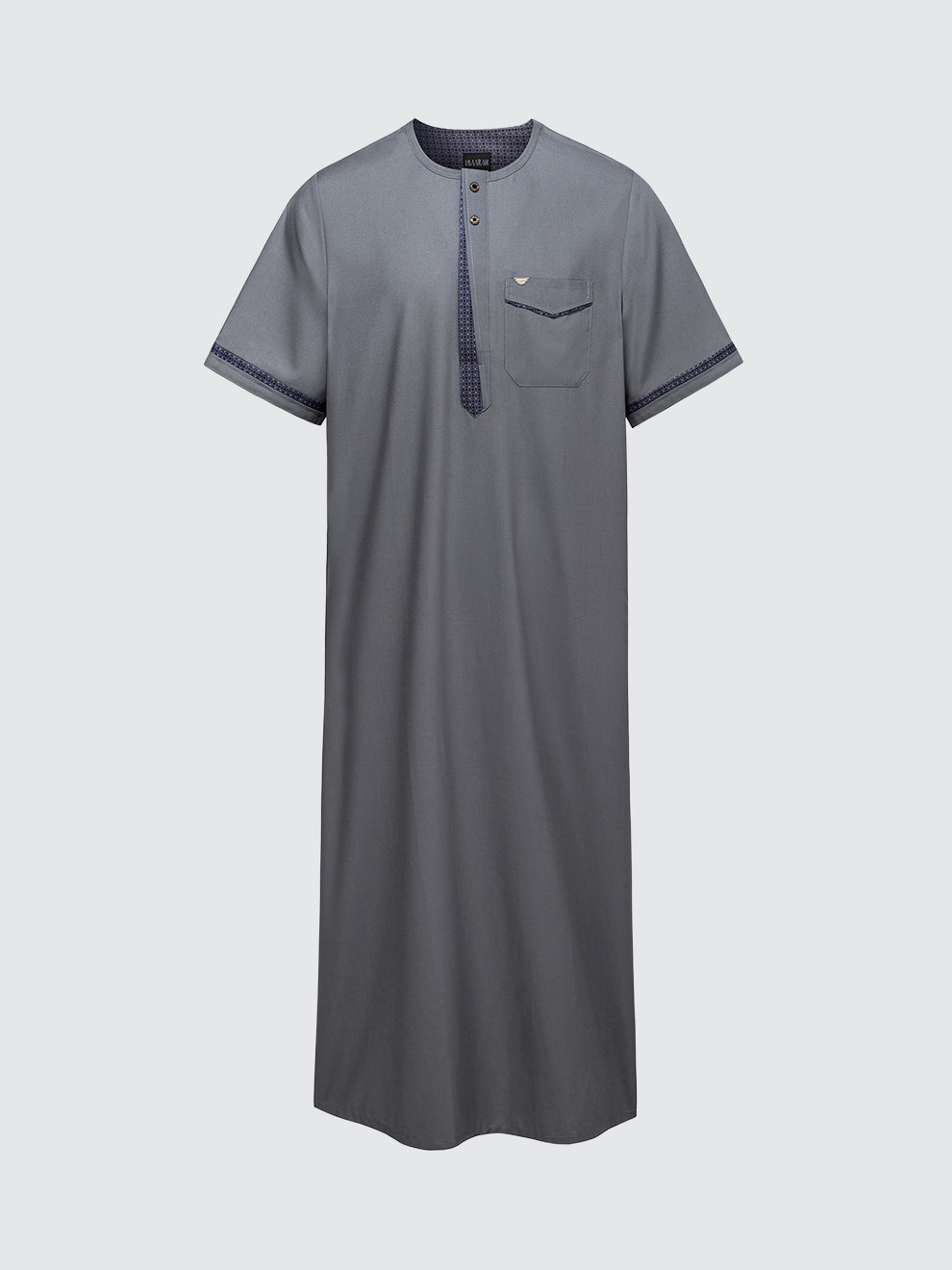 Imaarah Vantage short sleeve thobe front view in grey with contrast placket and chest pocket