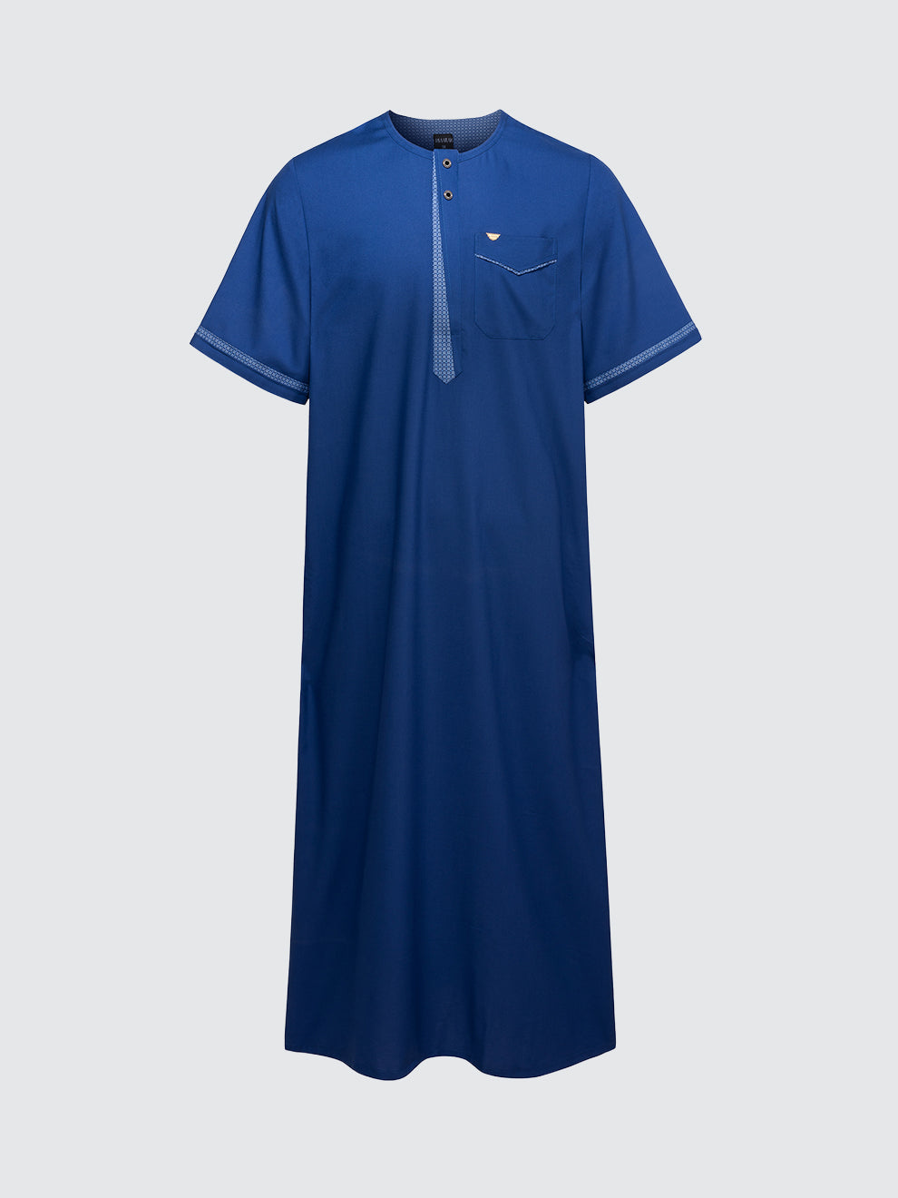 Imaarah short sleeve thobe Vantage in navy, front view showing modern modest fit and contrast placket detailing