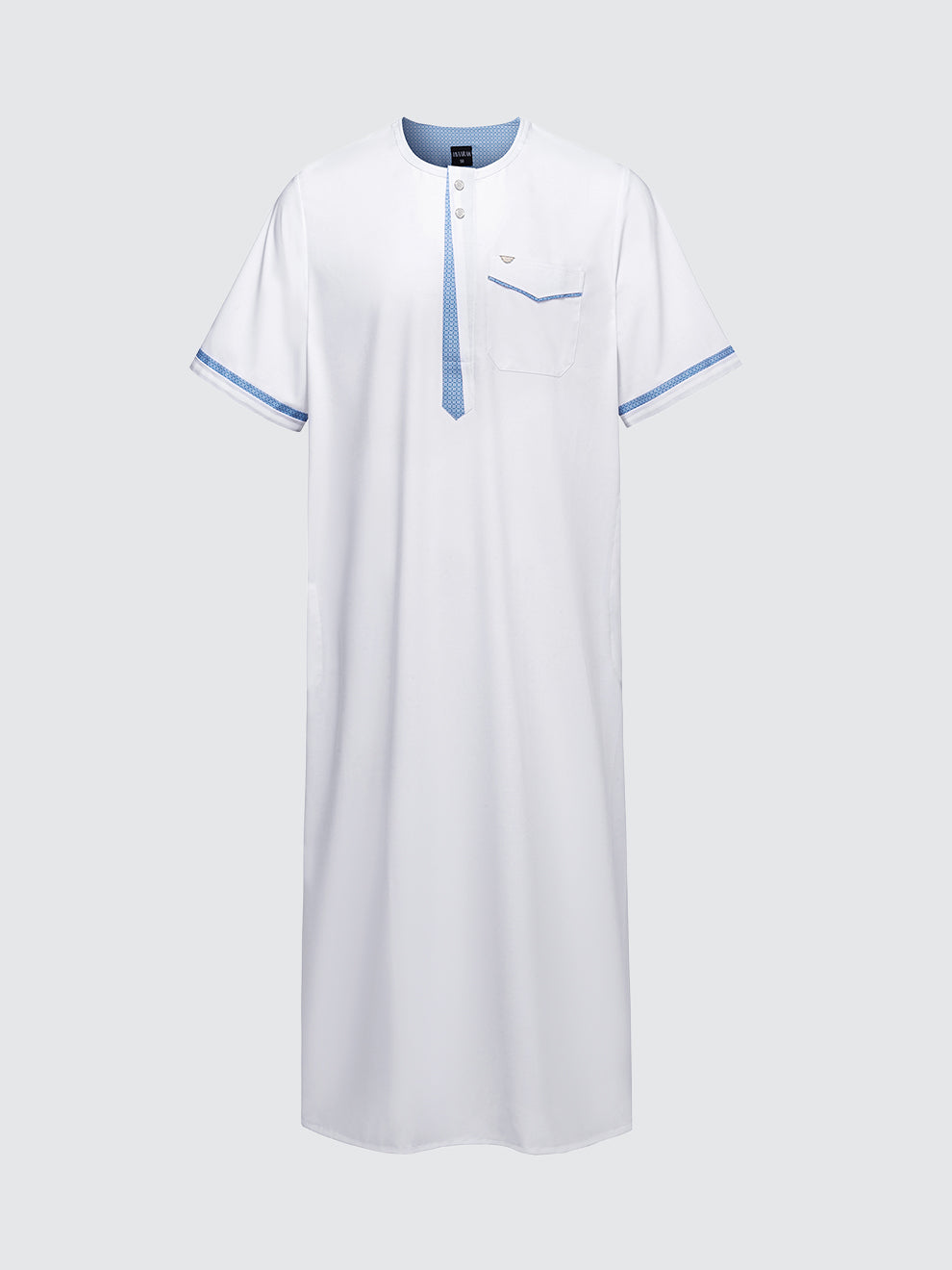 Imaarah short sleeve thobe Vantage in white, front view showing modern modest fit and contrast placket detailing