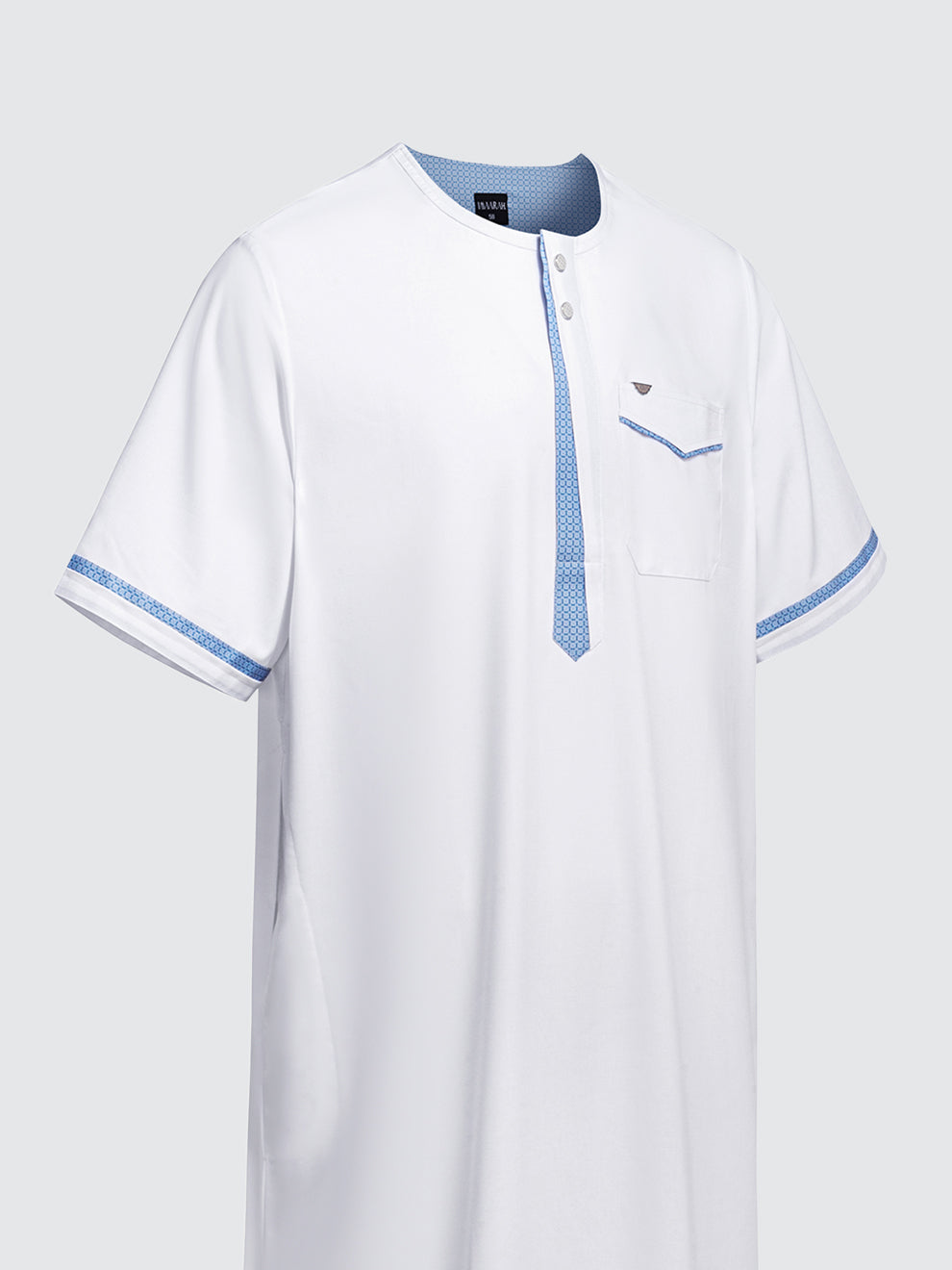 Imaarah Vantage short sleeve thobe white, upper body view highlighting short sleeves and chest pocket detail