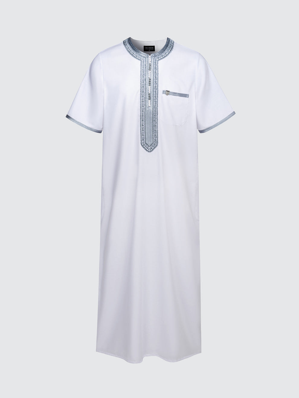 Moroccan Short Sleeve Thobe - Sabil in white with grey embroidery