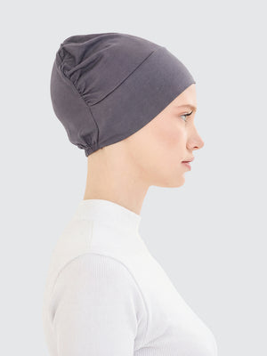 Imaarah grey hijab undercap side view with lightweight flexible design
