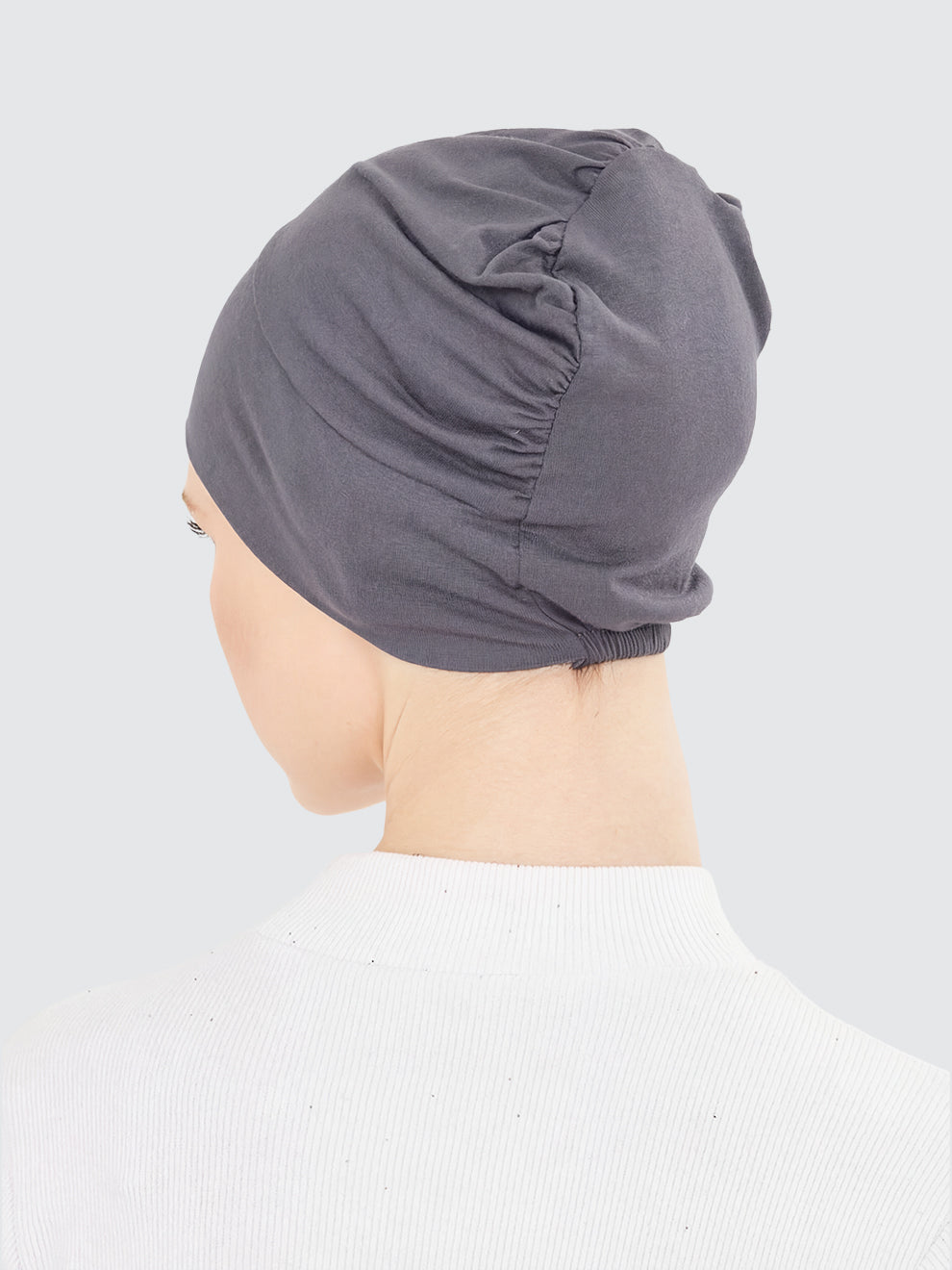 Imaarah grey hijab undercap back view showing gathered stretch construction