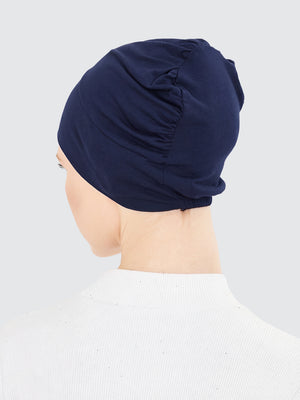 Imaarah navy blue hijab undercap back view with gathered stretch design