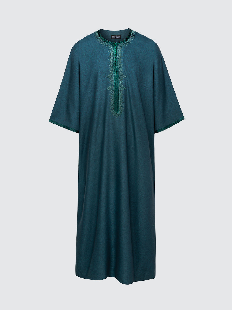 Imaarah Moroccan Short Sleeve Thobe Qasr in Emerald Green, front view