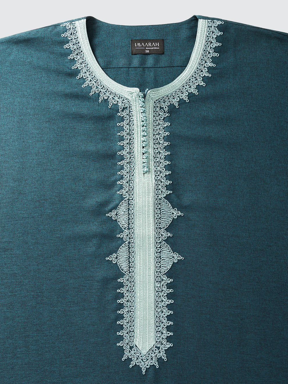 Seafoam green Moroccan embroidery on emerald green short sleeve thobe neckline