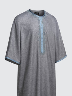 Moroccan short sleeve thobe Qasr grey with sky blue Moroccan neckline angled view