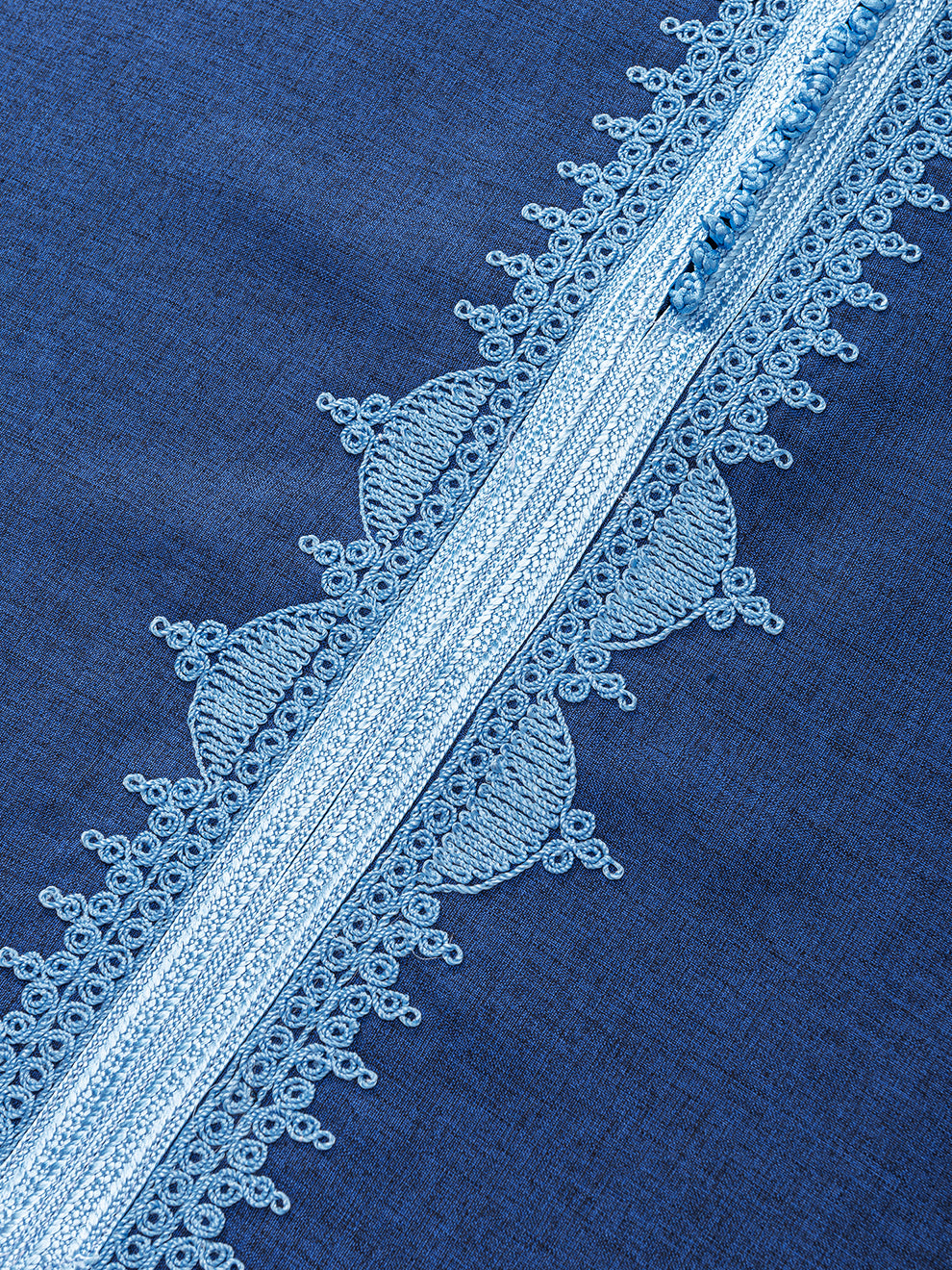 Imaarah Moroccan thobe Qasr navy ice blue placket detail close up