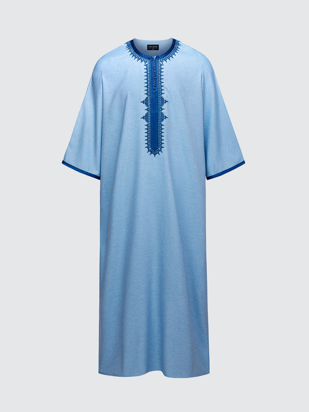 Imaarah Moroccan Short Sleeve Thobe Qasr in Sky Blue with Royal Blue detailing, front view