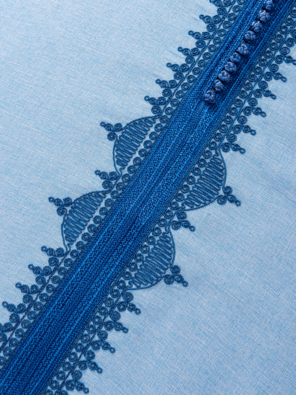 Detailed Royal Blue Moroccan embroidery on Sky Blue Qasr short sleeve thobe by Imaarah