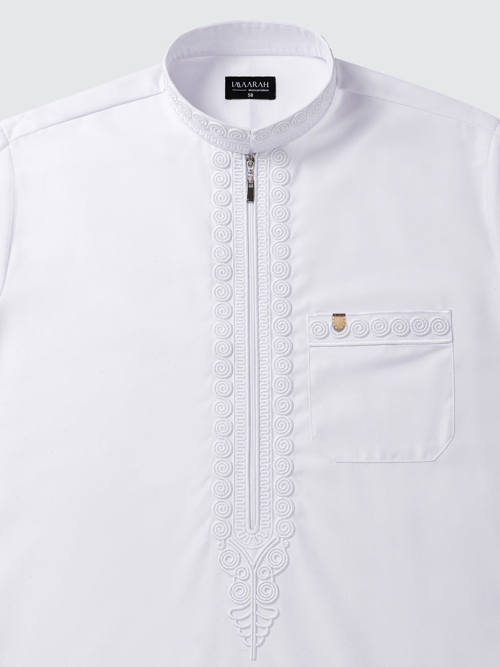Premium white Moroccan thobe with imperial embroidery detailing along the neckline and placket, elegant modest wear for weddings and Eid