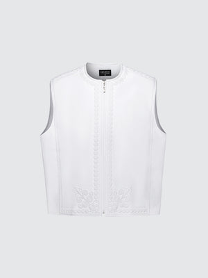 White Moroccan waistcoat with intricate imperial embroidery, luxury ceremonial vest designed to pair with traditional Moroccan thobe
