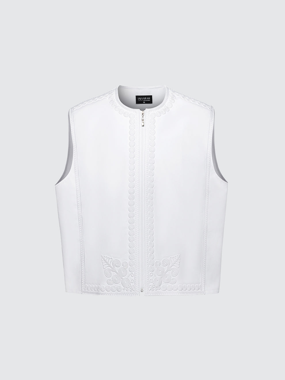 White Moroccan waistcoat with intricate imperial embroidery, luxury ceremonial vest designed to pair with traditional Moroccan thobe