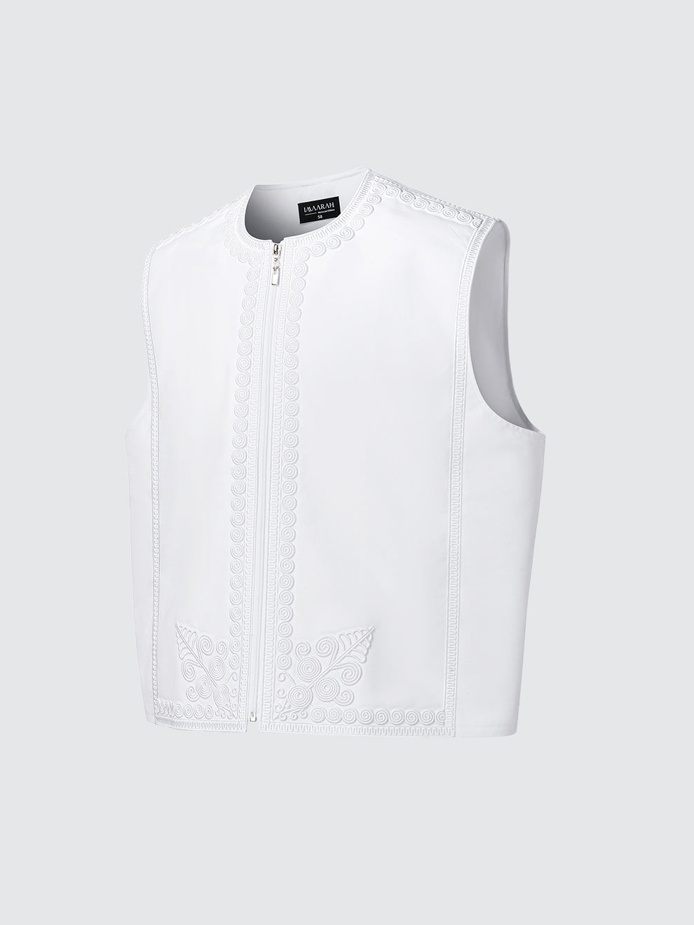 Imperial Moroccan waistcoat in white featuring ornate embroidery, premium formal wear for Nikah, Eid and special occasions