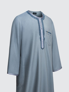 Side view of Andalus Moroccan long sleeve thobe set in slate blue with blue embroidery, relaxed modest fit by Imaarah