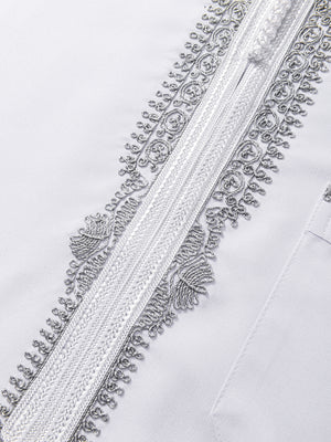 Close-up of grey Moroccan embroidery on Imaarah Andalus long sleeve thobe showing refined stitching and fabric texture
