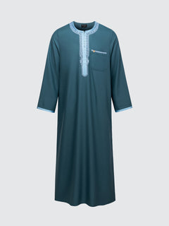 Emerald green Moroccan long sleeve thobe set with sky blue embroidery front view by Imaarah