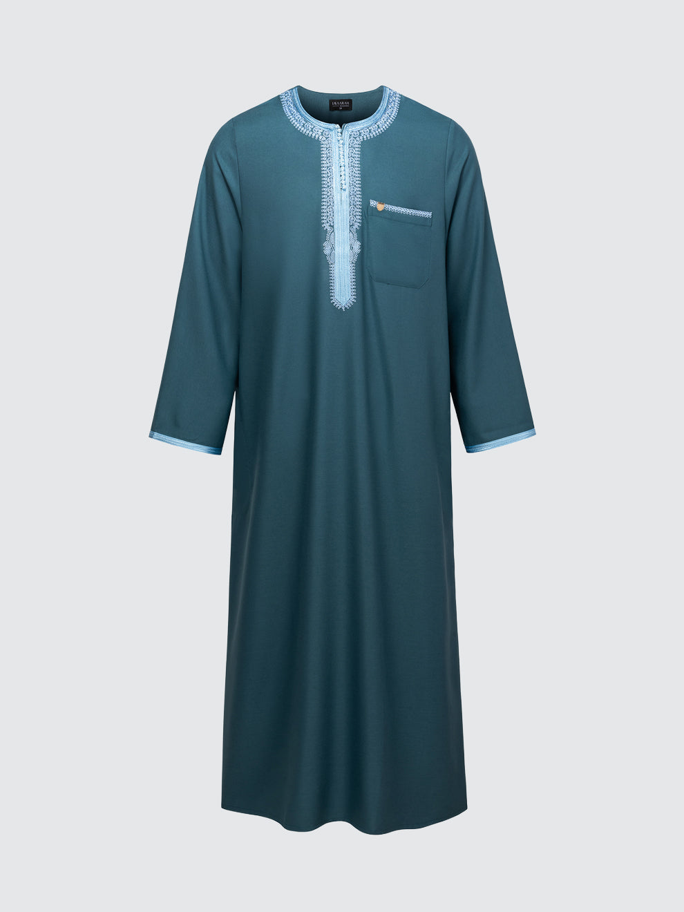 Emarald green Moroccan long sleeve thobe set with sky blue embroidery front view by Imaarah