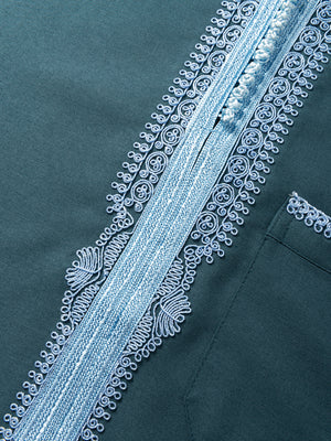 Sky blue Moroccan placket embroidery detail on emarald green long sleeve thobe