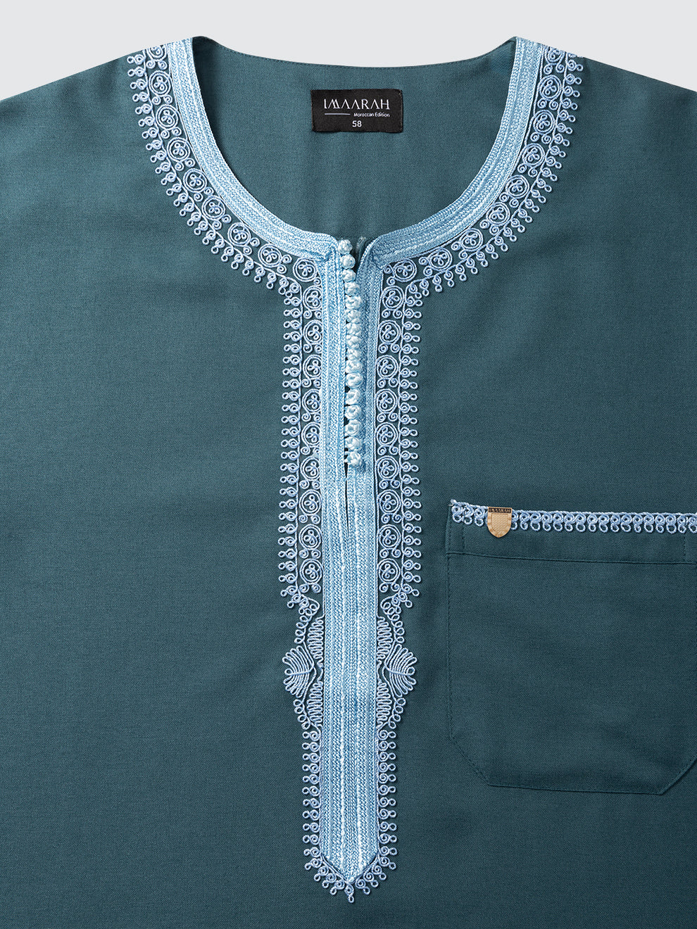 Sky blue Moroccan embroidery neckline detail on emarald green Andalus long sleeve thobe