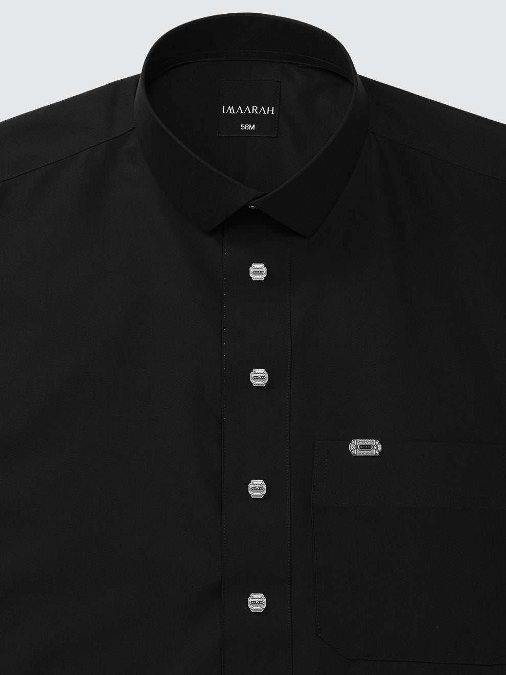 Imaarah Najd Saudi Thobe Black – Shirt Collar Detail with Silver Imaarah Branded Buttons