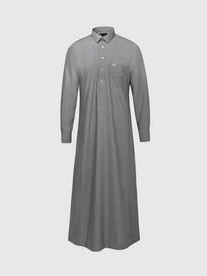 Imaarah Najd Saudi Thobe Grey – Long Sleeve Shirt Collar Thobe with Silver Imaarah Buttons