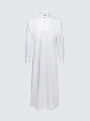 Imaarah Najd Saudi Thobe White - Long Sleeve Shirt Collar Thobe with Silver Imaarah Buttons