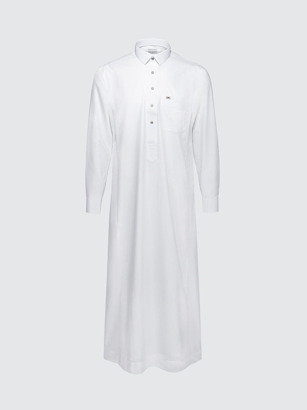 Imaarah Najd Saudi Thobe White – Long Sleeve Shirt Collar Thobe with Silver Imaarah Buttons