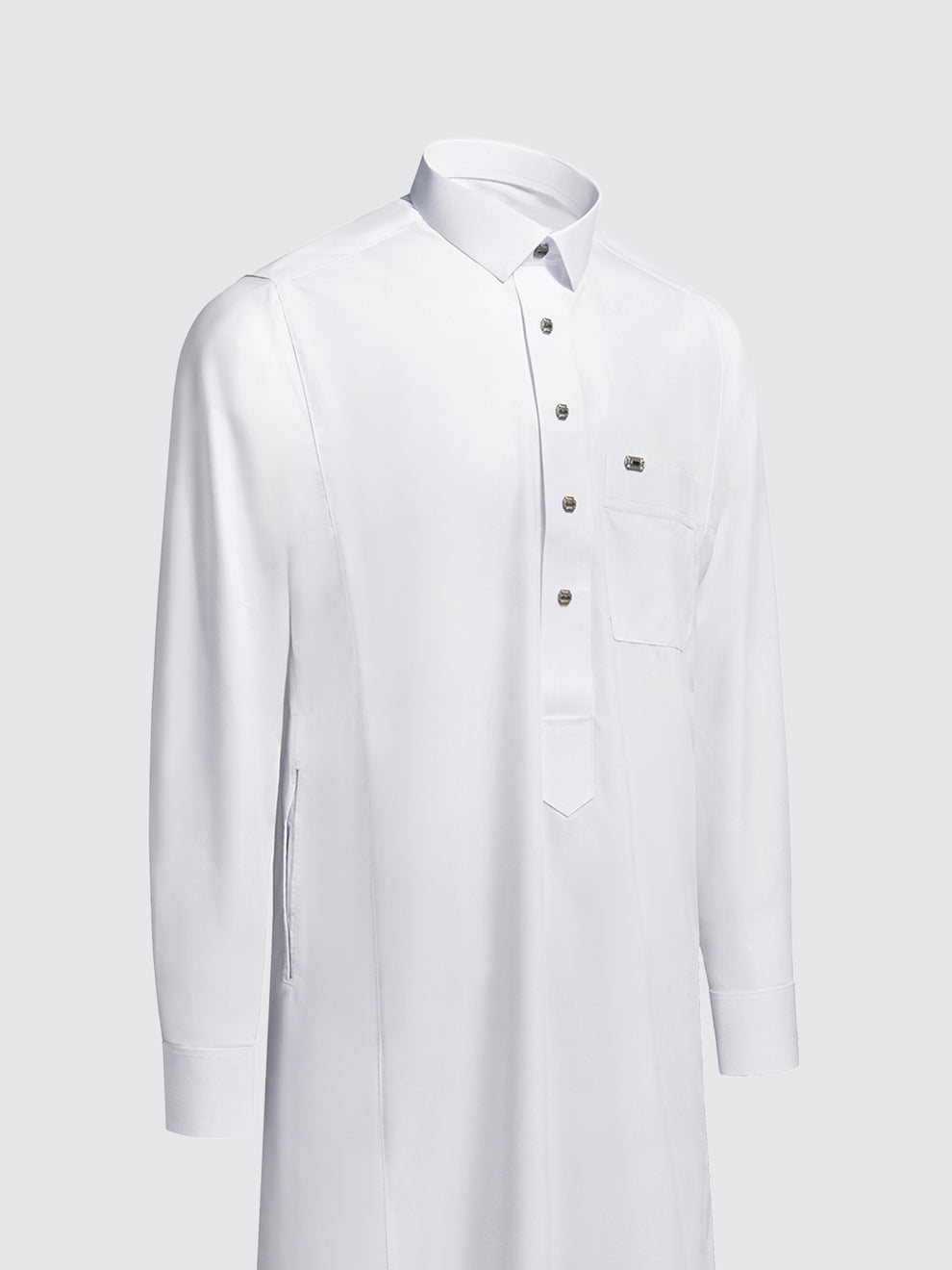 Imaarah Najd Saudi Thobe White – Tailored Saudi Thobe with Shirt Collar and Cuffed Sleeves