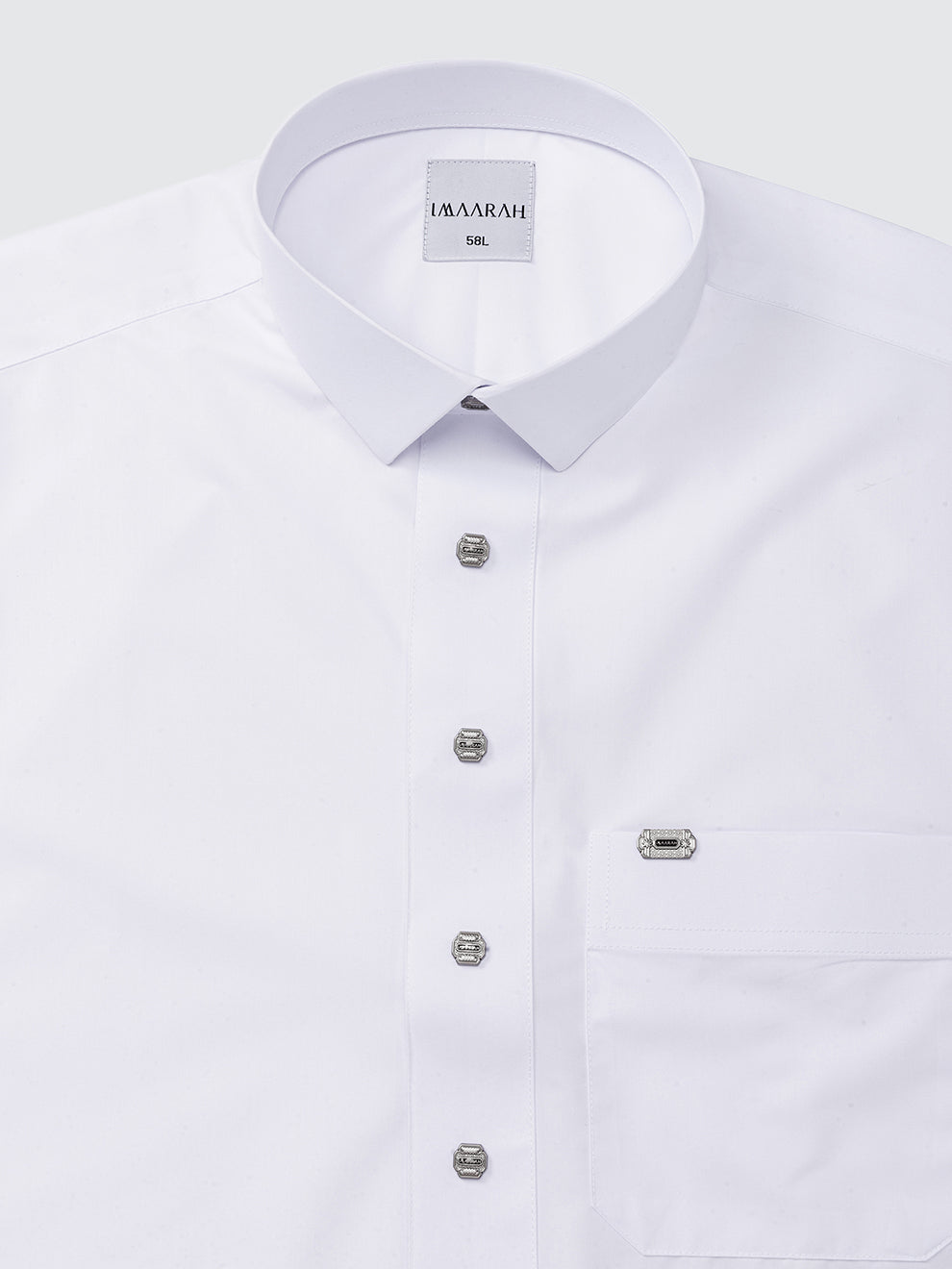 Imaarah Najd Saudi Thobe White - Shirt Collar Detail with Silver Imaarah Branded Buttons